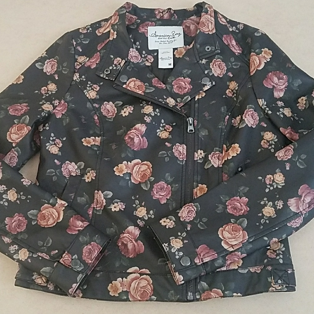 American Rag Cie Moto Jacket Black Floral Sz M